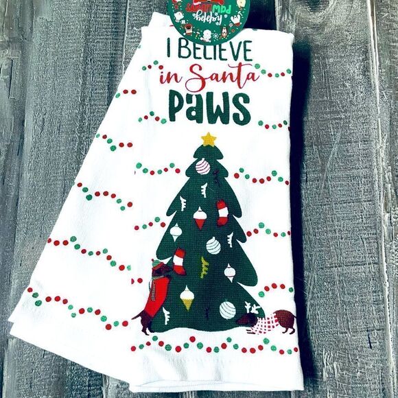 Christmas Dachshund Dog “Believe in Santa Paws” Holiday Kitchen Dish Towels - Picture 1 of 3